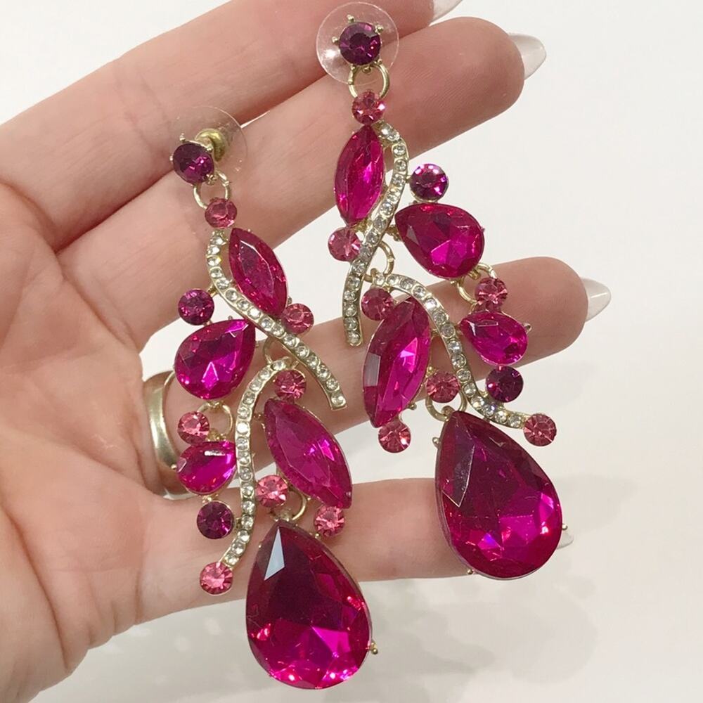 Oversized Statement Crystal Multi Teardrop Cluster Chandelier Dangle Earrings